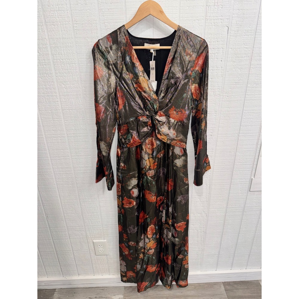 Caballero Maxi Dress Women Small Black Gold Metallic Floral Twist Front V-Neck